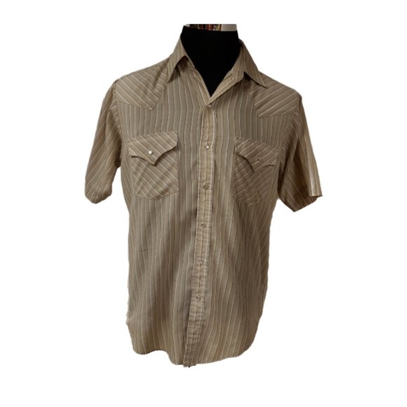 Plains Western Wear Other - PLAINS WESTERN WEAR Mens Medium Beige Stripe Pearl Snap Short Sleeve Shirt